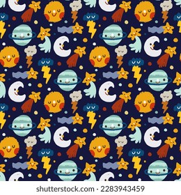 Seamless childish pattern set with hand drawn space elements space, planet, stars, meteorite. Flat blue, green, white, yellow vector backgrounds