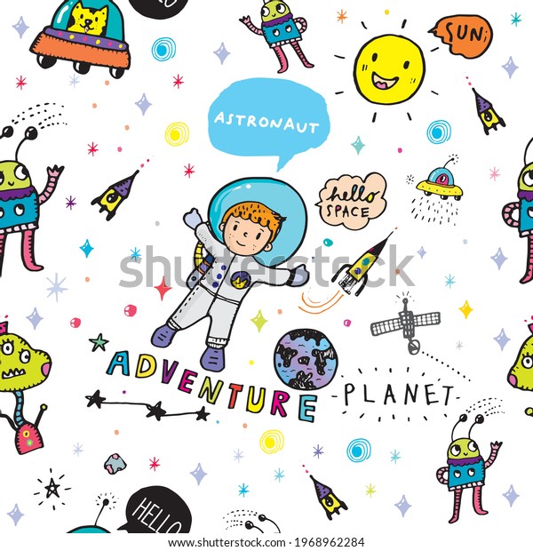 Seamless\
childish pattern set with hand drawn space elements space,\
satellite, planet, rocket, stars, space probe, constellations,\
meteorite, astronaut,Seamless pattern with\
space