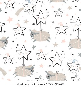 Seamless childish pattern with sheeps, stars and comets. Creative kids texture for fabric, wrapping, textile, wallpaper, apparel. Vector illustration - Vector