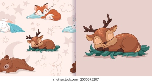 Seamless childish pattern with sleeping animals bear, rabbit, fox and deer. Cute kids texture for fabric, wrapping, textile, wallpaper, apparel. Vector cartoon illustration with clouds, rainbows, moon