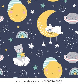 Seamless childish pattern with sleeping bears, clouds, rainbows, moon, planet and stars. Creative kids texture for fabric, wrapping, textile, wallpaper, apparel. Vector illustration