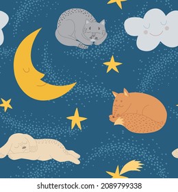 Seamless childish pattern with sleeping forests, cats, dogs, clouds, moon and stars. Creative children's texture for fabric, packaging, textiles, wallpaper, clothing. Vector illustration.