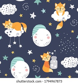 Seamless childish pattern with sleeping foxes, clouds, moon and stars. Creative kids texture for fabric, wrapping, textile, wallpaper, apparel. Vector illustration

