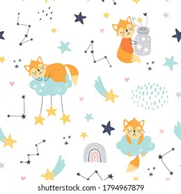 Seamless childish pattern with sleeping foxes, clouds, rainbow, jar wit stars and constellations. Creative kids texture for fabric, wrapping, textile, wallpaper, apparel. Vector illustration