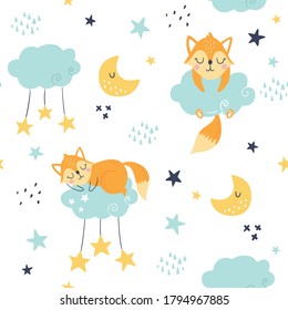 Patrón infantil sin foco con zorros dormidos sobre nubes, luna y estrellas. Textura infantil creativa para tela, envoltura, textil, papel pintado, vestimenta. Ilustración del vector
