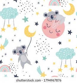 Seamless childish pattern with sleeping koalas, clouds, rainbows, moon, comet and stars. Creative kids texture for fabric, wrapping, textile, wallpaper, apparel. Vector illustration