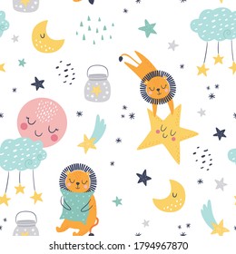 Patrón infantil sin foco con leones dormidos, luna, nubes, cometa, tarro con luna y estrellas. Textura infantil creativa para tela, envoltura, textil, papel pintado, vestimenta. Ilustración del vector 
