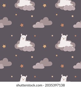 Seamless childish pattern with sleeping llama (alpaca), clouds, stars. Baby texture for fabric, wrapping, textile, wallpaper, clothing. Vector illustration. Good night