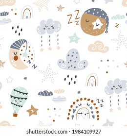 Seamless childish pattern with sleeping moon, planets, rainbow, stars. Vector illustration