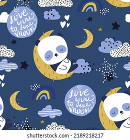 Seamless childish pattern with sleeping panda on the moon. Kids graphic texture for fabric, textile, apparel. Vector illustration