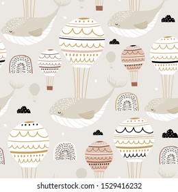 Seamless childish pattern with sleeping whales hot air balloons. Creative kids hand drawn texture for fabric, wrapping, textile, wallpaper, apparel. Vector illustration