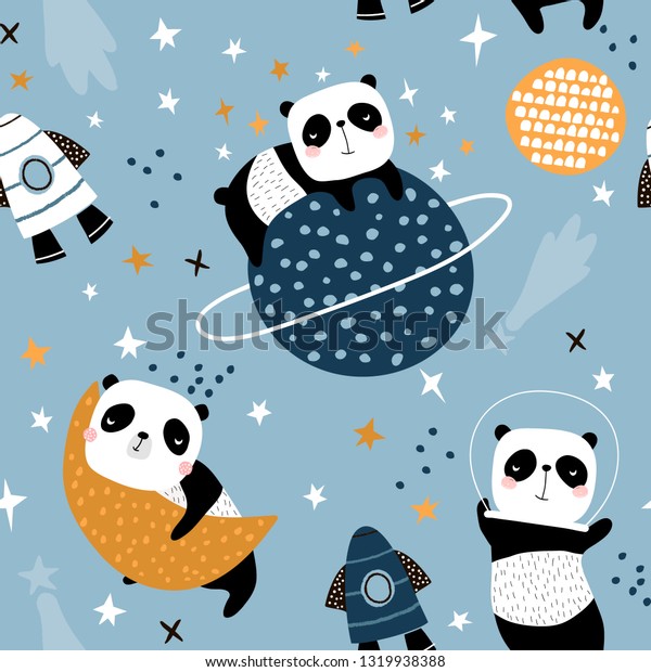 月や星空にすりきれいなパンダを持つ シームレスな子どもじみた柄 布地 包装 繊維 壁紙 アパレルのクリエイティブな子どものテクスチャー ベクターイラスト のベクター画像素材 ロイヤリティフリー