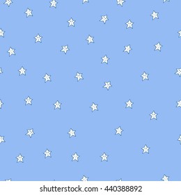 Seamless childish pattern with smiling and sleeping stars with faces. For textile, fabric, bedroom interiors: wallpaper, pillow, blanket, pajamas. Good for restful calm sleep. Good night!