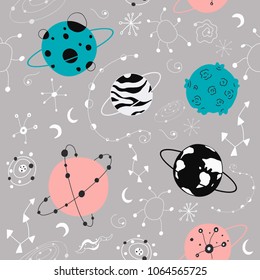 Seamless childish pattern with space elements, stars and planets. Vector Creative nursery background. Perfect for kids design, fabric, wrapping, wallpaper, textile, apparel, bedding.