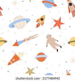 Seamless childish pattern with space elements. Creative background with astronaut flying among rockets and planets. Design of galaxy print for kids abric, wrapping, wallpaper, textile, apparel