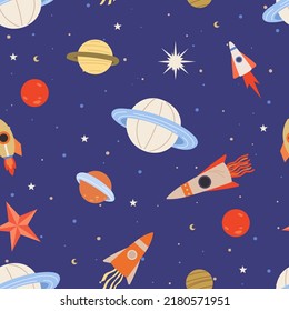 Seamless childish pattern with space elements. Creative background with astronaut flying among rockets and planets. Design of galaxy print for kids abric, wrapping, wallpaper, textile, apparel