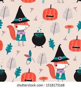 Seamless childish pattern with squirell-witches: Happy Halloween. Creative scandinavian kids texture for fabric, wrapping, textile, wallpaper, apparel. Vector illustration in orange and grey.