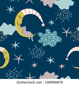 Seamless childish pattern with starry sky, moon. Creative kids texture for fabric, wrapping, textile, wallpaper, apparel. Vector illustration.