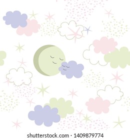 Seamless childish pattern with starry sky, moon. Creative kids texture for fabric, wrapping, textile, wallpaper, apparel. Vector illustration.