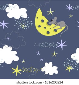 Seamless childish pattern with starry sky, moon. Creative kids texture for fabric, wrapping, textile, wallpaper, apparel. Vector illustration.
