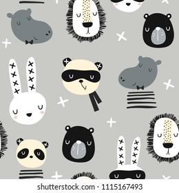 Patrón infantil impecable con animales monocromos de diseño. Textura creativa para niños escandinavos para tela, envoltura, textil, papel pintado, vestimenta. Ilustración del vector