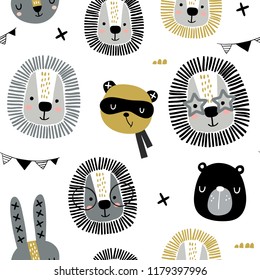 Seamless Childish Pattern With Stylish Monochrome Animals . Creative Scandinavian Kids Texture For Fabric, Wrapping, Textile, Wallpaper, Apparel. Vector Illustration