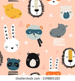 Seamless childish pattern with stylish monochrome animals . Creative scandinavian kids texture for fabric, wrapping, textile, wallpaper, apparel. Vector illustration