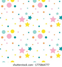 Patrón infantil sin foco. Decoración cuidada en la guardería. Elementos multicolores, estrellas, círculos. Patrón de productos para niños, tejidos, papeles pintados.
