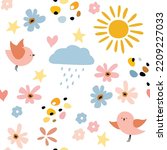 seamless childish pattern of sun, clouds, birds, hearts doodle drawing hand sketch. Children