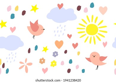 seamless childish pattern of sun, clouds, birds, hearts doodle drawing hand sketch. Children's drawing. Print for children's clothing, fabric, paper