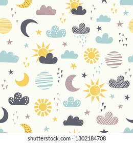 Seamless childish pattern with sun, moon, clouds and star. Vector illustration. Use for textile, print, surface design, fashion kids wear