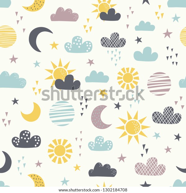 Seamless childish pattern with sun, moon, clouds and
star. Vector illustration. Use for textile, print, surface design,
fashion kids wear
