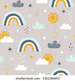 Seamless childish pattern with sun, rainbow, clouds and stars. Vector illustration. Use for textile, print, surface design, fashion kids wear