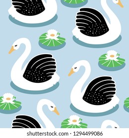 Seamless childish pattern with swan on lake. Creative nursery background. Perfect for kids design, fabric, wrapping, wallpaper, textile, apparel