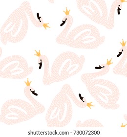 Seamless childish pattern with swan princess. Creative nursery background. Perfect for kids design, fabric, wrapping, wallpaper, textile, apparel