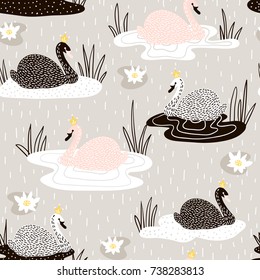 Seamless childish pattern with swan princess on lake,Creative nursery background. Perfect for kids design, fabric, wrapping, wallpaper, textile, apparel