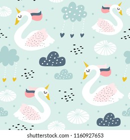 Seamless childish pattern with swan unicorn. Creative nursery texture. Perfect for kids design, fabric, wrapping, wallpaper, textile, apparel