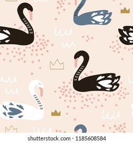 Seamless childish pattern with swans. Creative nursery texture. Perfect for kids design, fabric, wrapping, wallpaper, textile, apparel