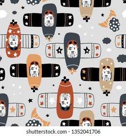 Seamless childish pattern with tigers pilot on planes . Creative hand drawn kids texture for fabric, wrapping, textile, wallpaper, apparel. Vector illustration