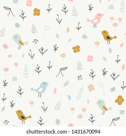 Seamless childish pattern with tiny birds and floral elements. Creative scandinavian style kids texture for fabric, wrapping, textile, wallpaper, apparel. Vector illustration