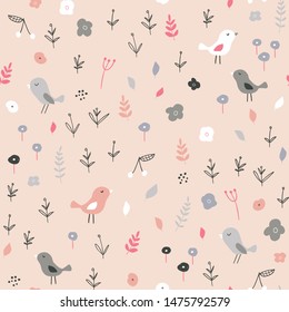 Seamless childish pattern with tiny birds and floral elements. Creative scandinavian style kids texture for fabric, wrapping, textile, wallpaper, apparel. Vector illustration