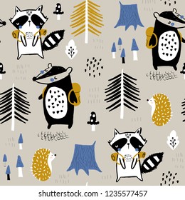 Seamless childish pattern with tourist raccoon with beaver in the forest. Creative kids woodland for fabric, wrapping, textile, wallpaper, apparel. Vector illustration