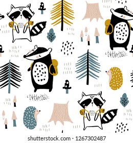 Seamless childish pattern with tourist raccoon with beaver in the forest. Creative kids woodland for fabric, wrapping, textile, wallpaper, apparel. Vector illustration