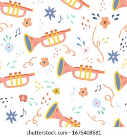 Seamless Childish Pattern With Trendy Musical Instrument. Creative Trumpet. Kids Texture For Fabric, Wrapping, Textile, Wallpaper, Apparel. Vector Illustration