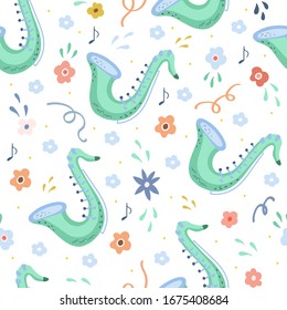Seamless childish pattern with trendy Musical instrument. Creative saxophone. Kids texture for fabric, wrapping, textile, wallpaper, apparel. Vector illustration