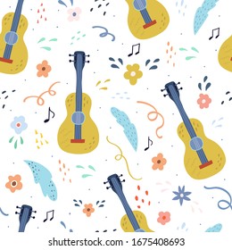 Diseño infantil impecable con instrumento musical moderno. Guitarra creativa. Textura para niños para tela, envoltura, textil, papel pintado, ropa. Ilustración del vector