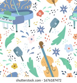 Seamless childish pattern with trendy Musical instrument. Creative guitar. Kids texture for fabric, wrapping, textile, wallpaper, apparel. Vector illustration