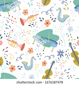 Seamless childish pattern with trendy Musical instrument. Creative guitar. Kids texture for fabric, wrapping, textile, wallpaper, apparel. Vector illustration