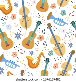 Diseño infantil impecable con instrumento musical moderno. Guitarra creativa. Textura para niños para tela, envoltura, textil, papel pintado, ropa. Ilustración del vector