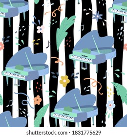Seamless childish pattern with trendy Musical instrument. Creative Kids piano pattern for fabric, wrapping, textile, wallpaper, apparel. Vector illustration